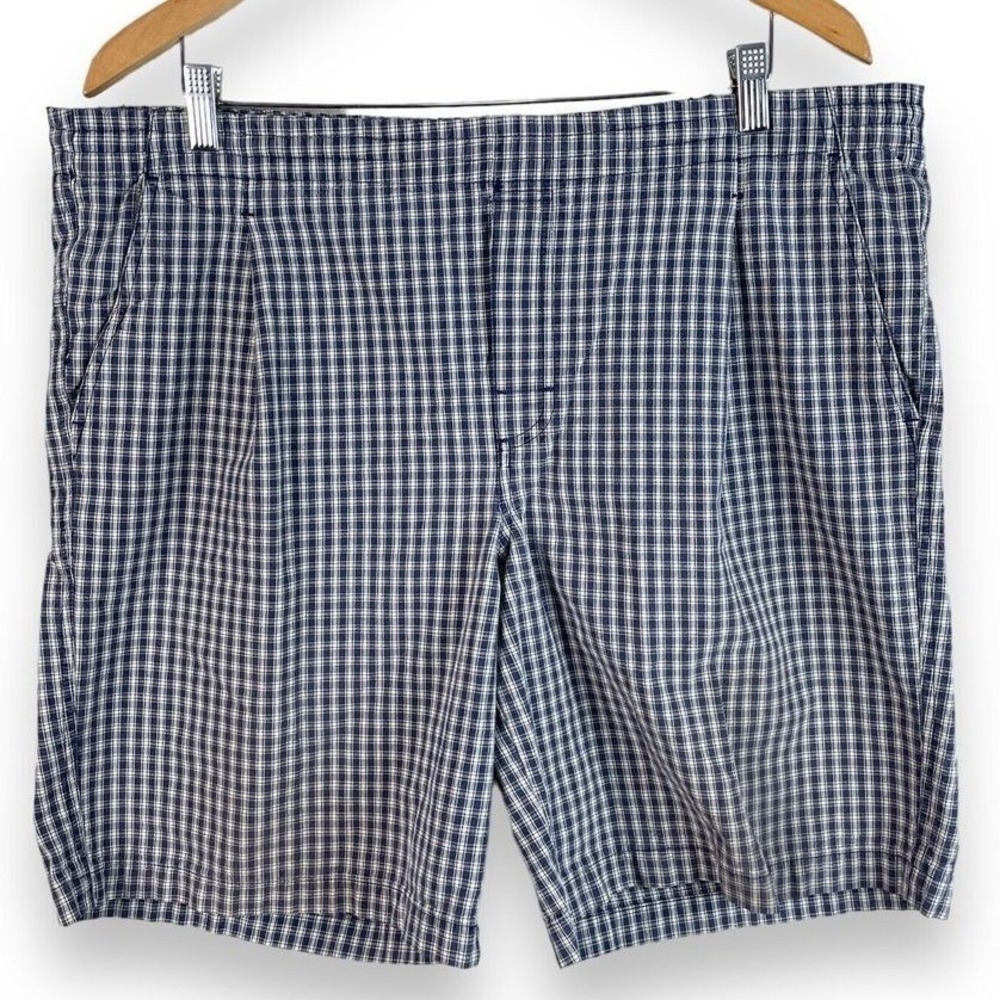 Eddie Bauer Plaid Shorts Mens Actual Size 40 Blue Cotton Elastic Waist Pleated